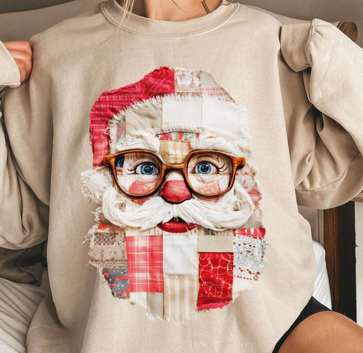 Quilted Santa traditional colors tee or sweatshirt
