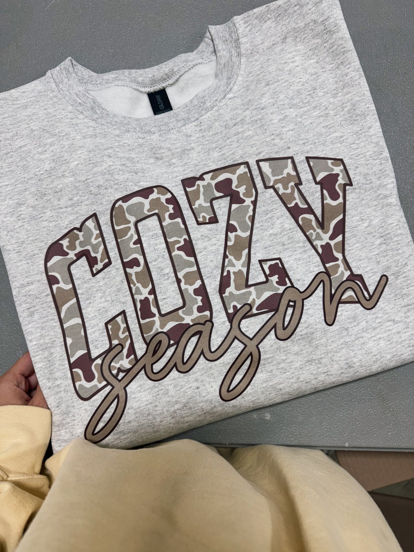 Camo cozy season tee or sweatshirt